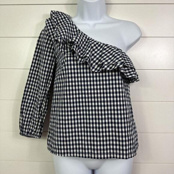 J. Crew Gingham Print One Shoulder Ruffle Top Shirt Navy Blue sz 0P - Picture 1 of 7